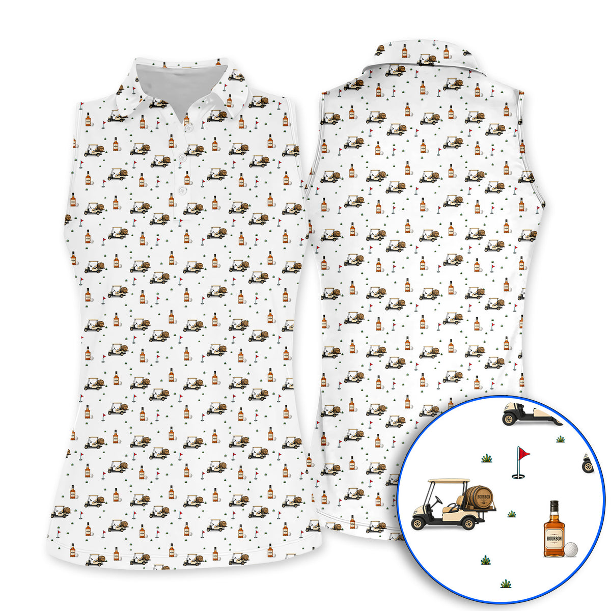 Bourbon Cart Golf Polos, Whiskey Barrel & Golf Course Pattern Shirt, Funny Golf Gift For Golfer