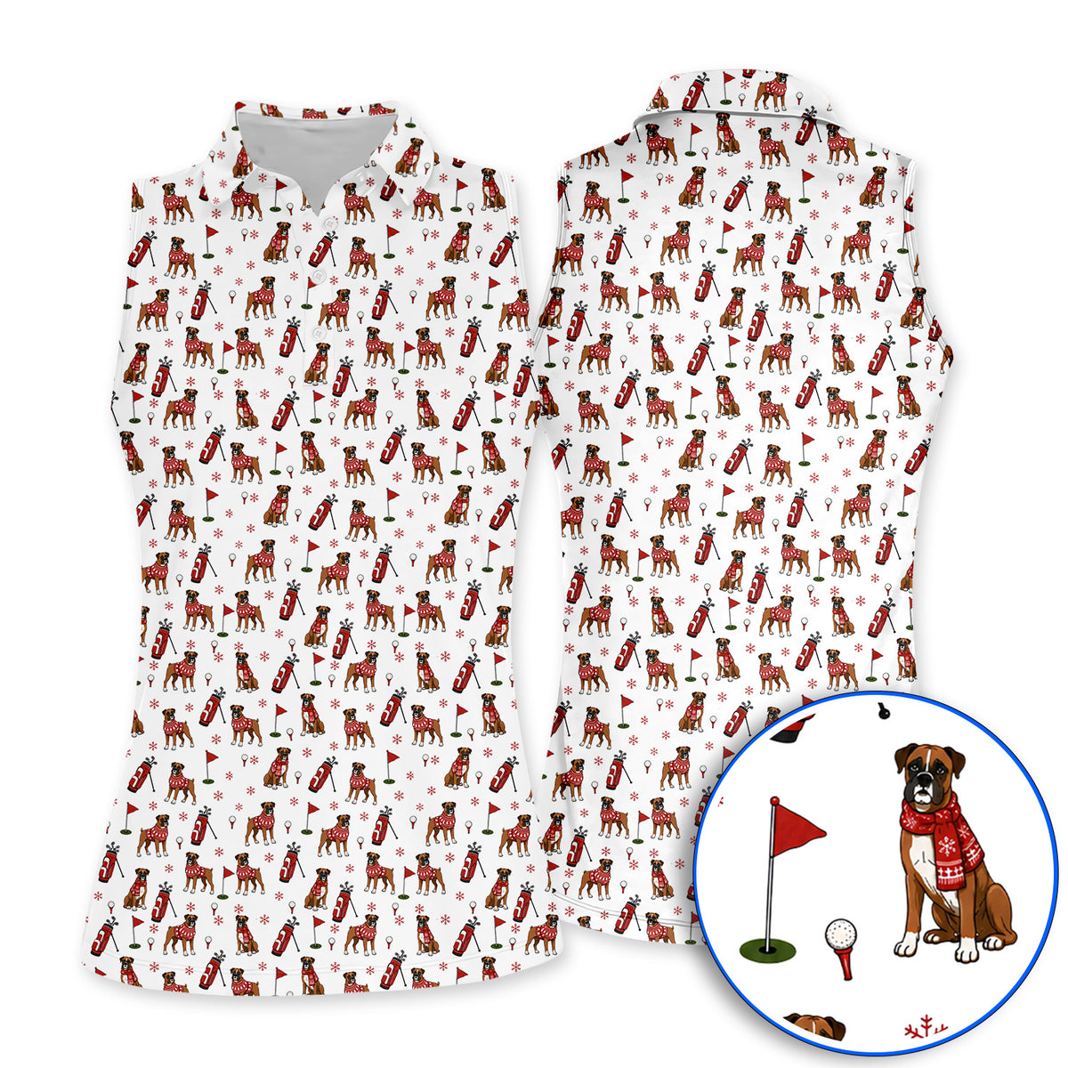 Boxer Christmas Golf Polos, Holiday Dog Pattern Golf Shirt, Festive Golf Gift for Golfers
