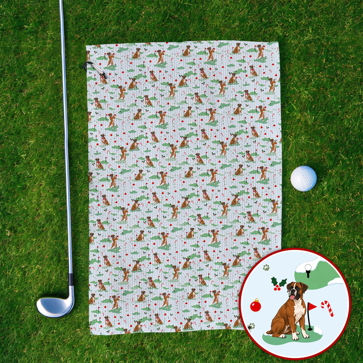 Funny Boxer Christmas Golf Towels, Xmas Boxer Dog Pattern Golf Towel, Golf Gift For Golfer