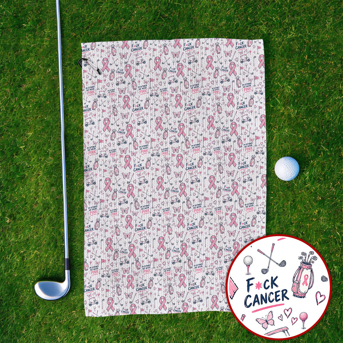 Fight Cancer Golf Towels, Pink Ribbon Golf Cart Pattern Towel, Breast Cancer Awareness Gift for Golfers