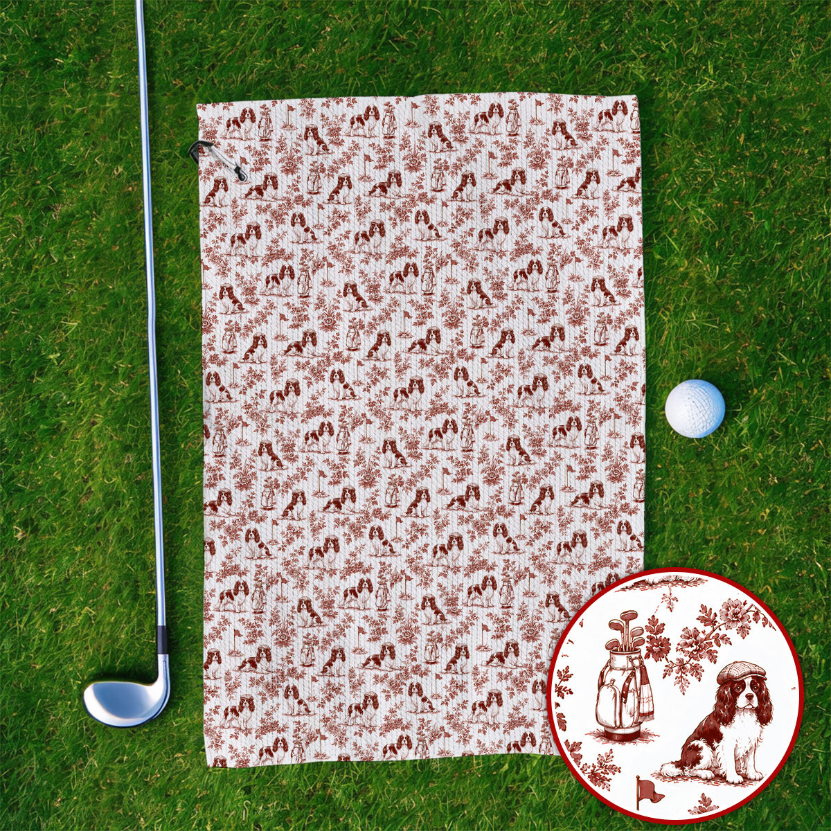 Funny Cavalier King Charles Spaniel Golf Towel, Toile de Jouy Cavalier Pattern Golf Towels, Golf Gift For Golfer