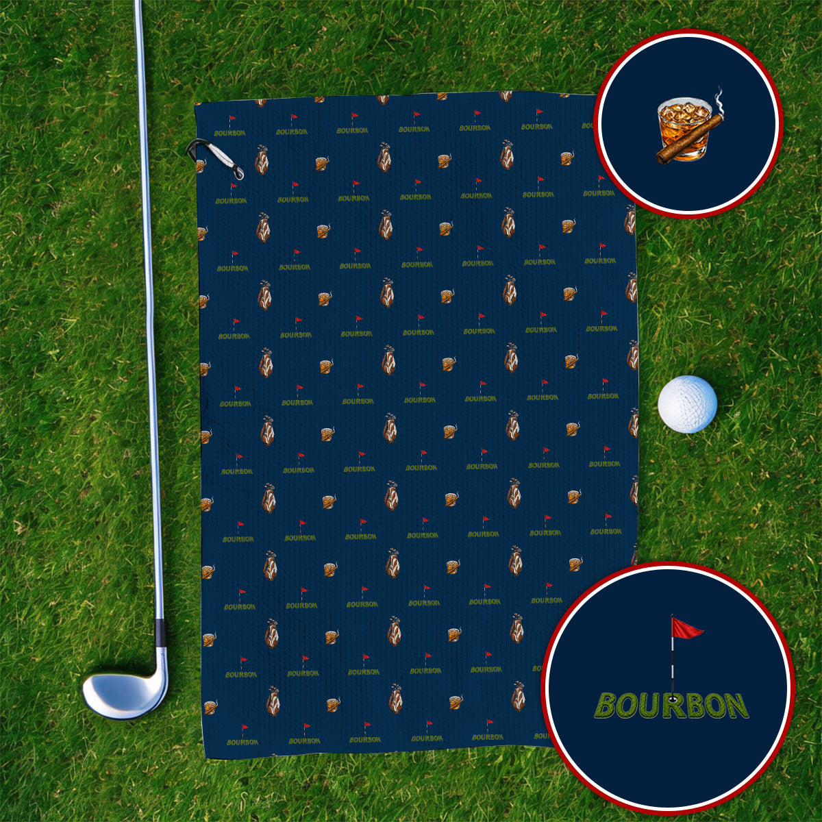 Bourbon & Cigar Golf Towels, Whiskey Golf Pattern Towel, Funny Bourbon Gift For Golfers