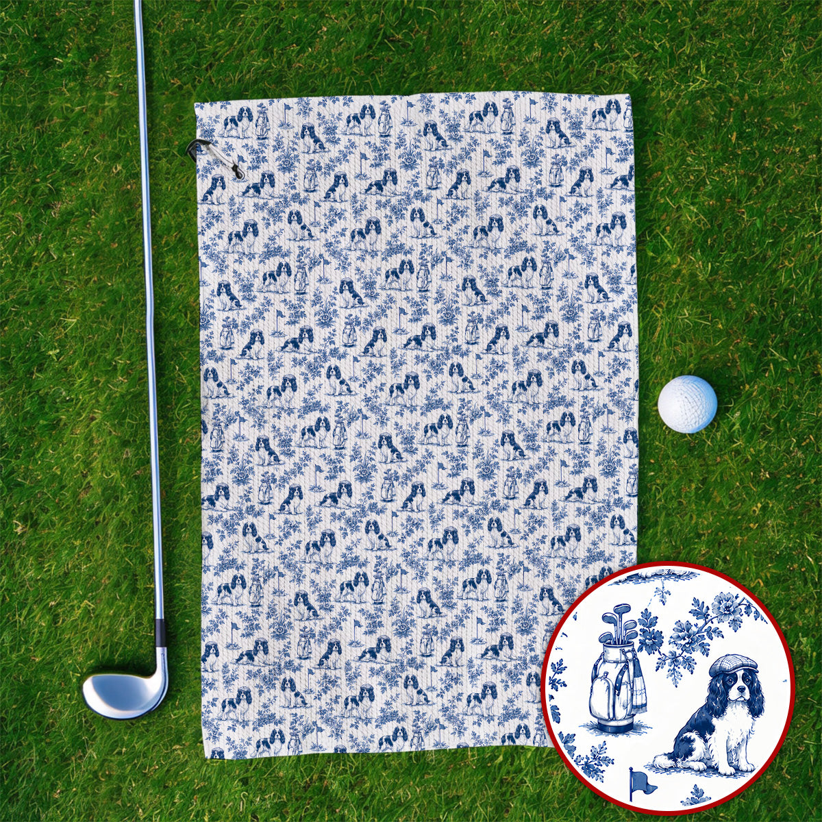 Funny Cavalier King Charles Spaniel Golf Towel, Toile de Jouy Cavalier Pattern Golf Towels, Golf Gift For Golfer