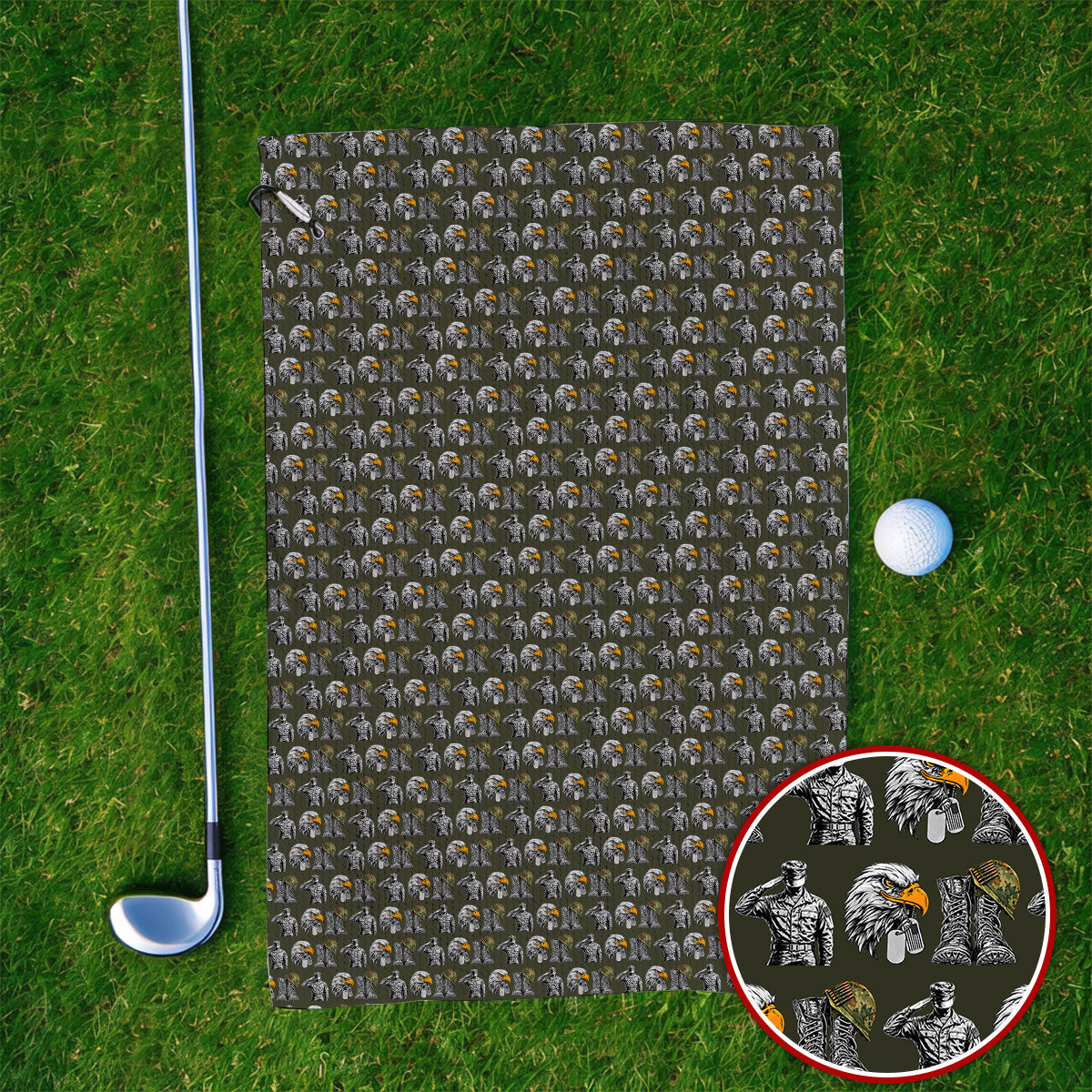 Veteran Eagle Golf Towels, Military Soldier & Army Tribute Pattern Golf Towel, Patriotic Veterans Day Golf Gift for Golfer