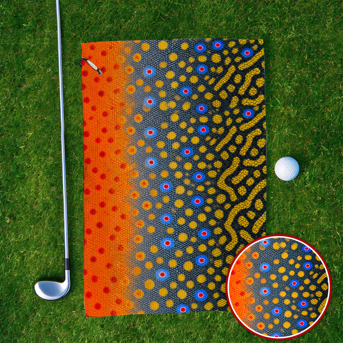 Brook Trout Skin Golf Towels, Vibrant Orange Spotted Fish Scale Pattern Golf Towel, Crazy Golf Gift For Golfers