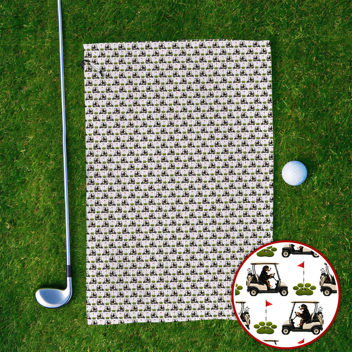 Bernese Mountain Golf Cart Pattern Towels, Funny Bernese Golf Towel, Golf Gift For Golfer