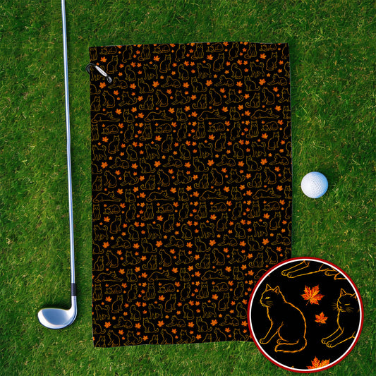 Autumn Black Longhair Cat Golf Towel, Black Longhair Cat Pattern Golf Towels, Cat Lovers Golf Gift
