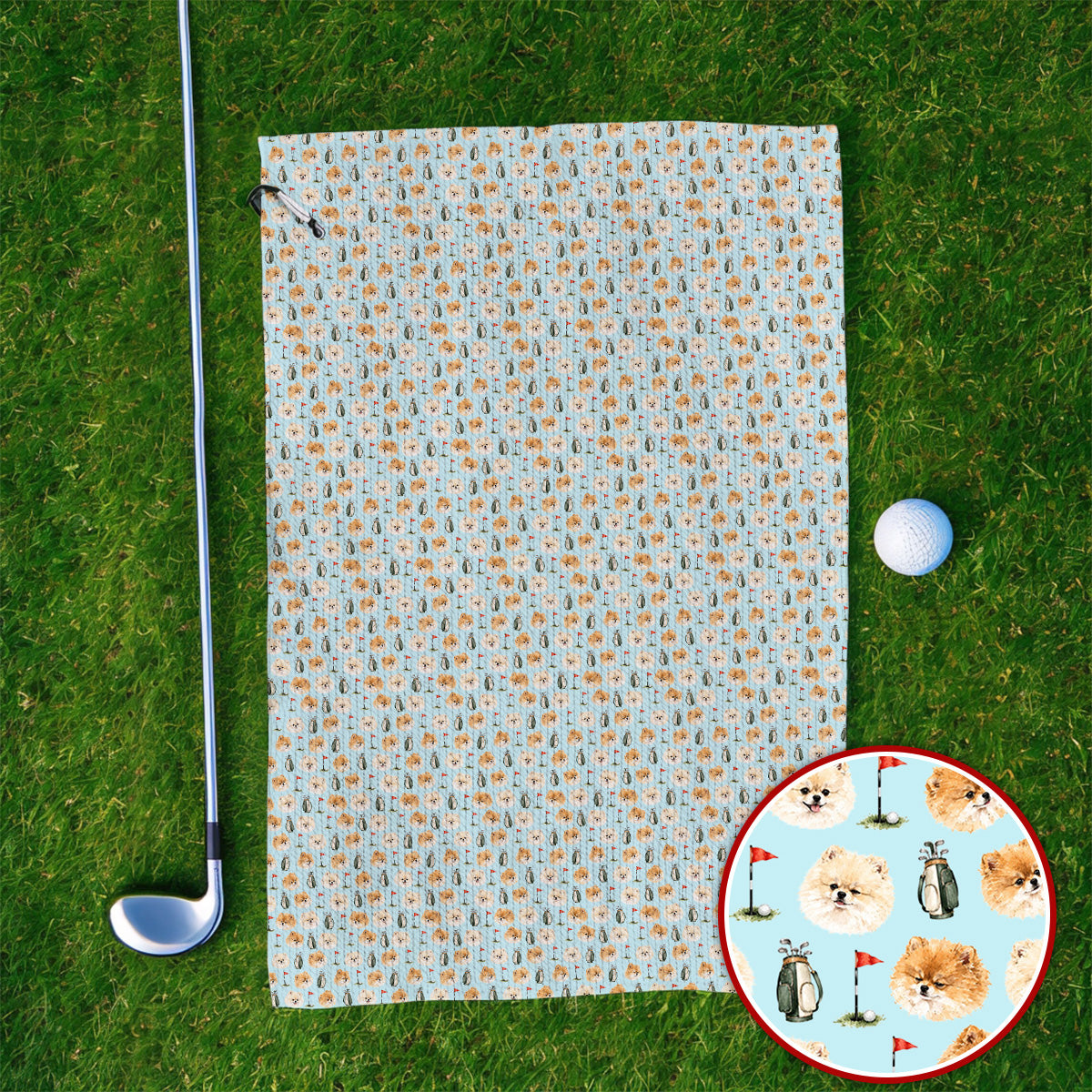 Pomeranian Golf Towels, Fluffy Pom Dog & Golf Pattern Towel, Funny Golf Gift For Golfer