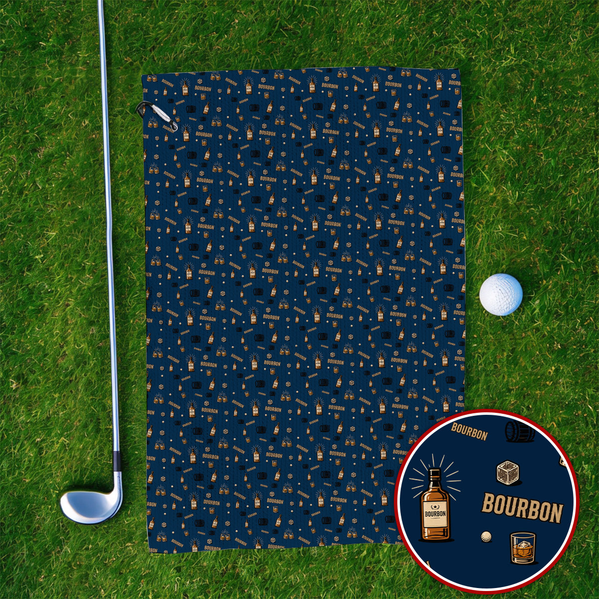 Bourbon Barrel Golf Towels, Whiskey Bottle & Rocks Pattern Towel, Vintage Drinking Golf Shirt for Golfer