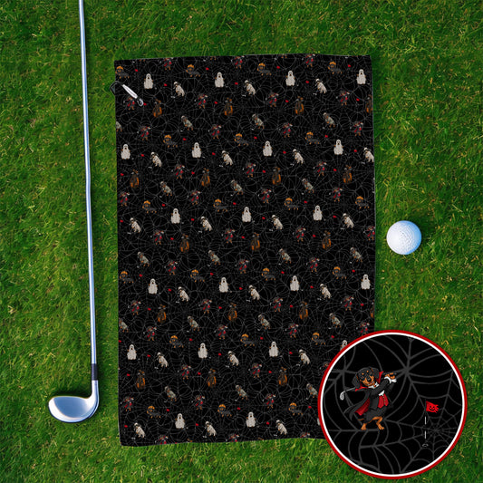 Spooky Dachshund Pattern Golf Towel, Halloween Vampire Wiener Dog Towels, Crazy Golf Gift For Golfer