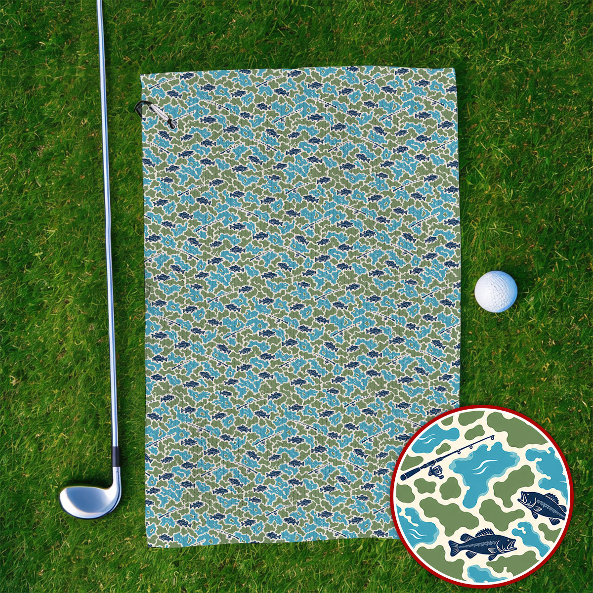 Bass Fishing Camo Golf Towels, Camouflage Pattern Golf Towel, Crazy Golf Gift For Golfer