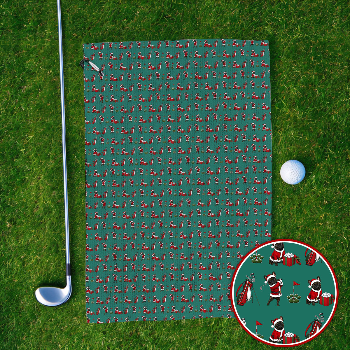 Christmas French BullDog Pattern Golf Towels, Funny Santa French BullDog Holiday Golf Towel, Xmas Golf Gift For Golfers