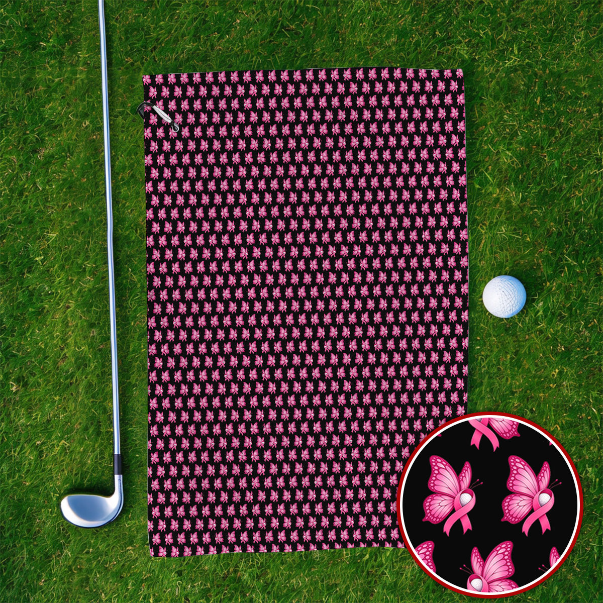 Breast Cancer Awareness Golf Towel, Pink Ribbon Butterfly Golf Towels for Golf Lovers, Support Cancer Awareness Golf Gift