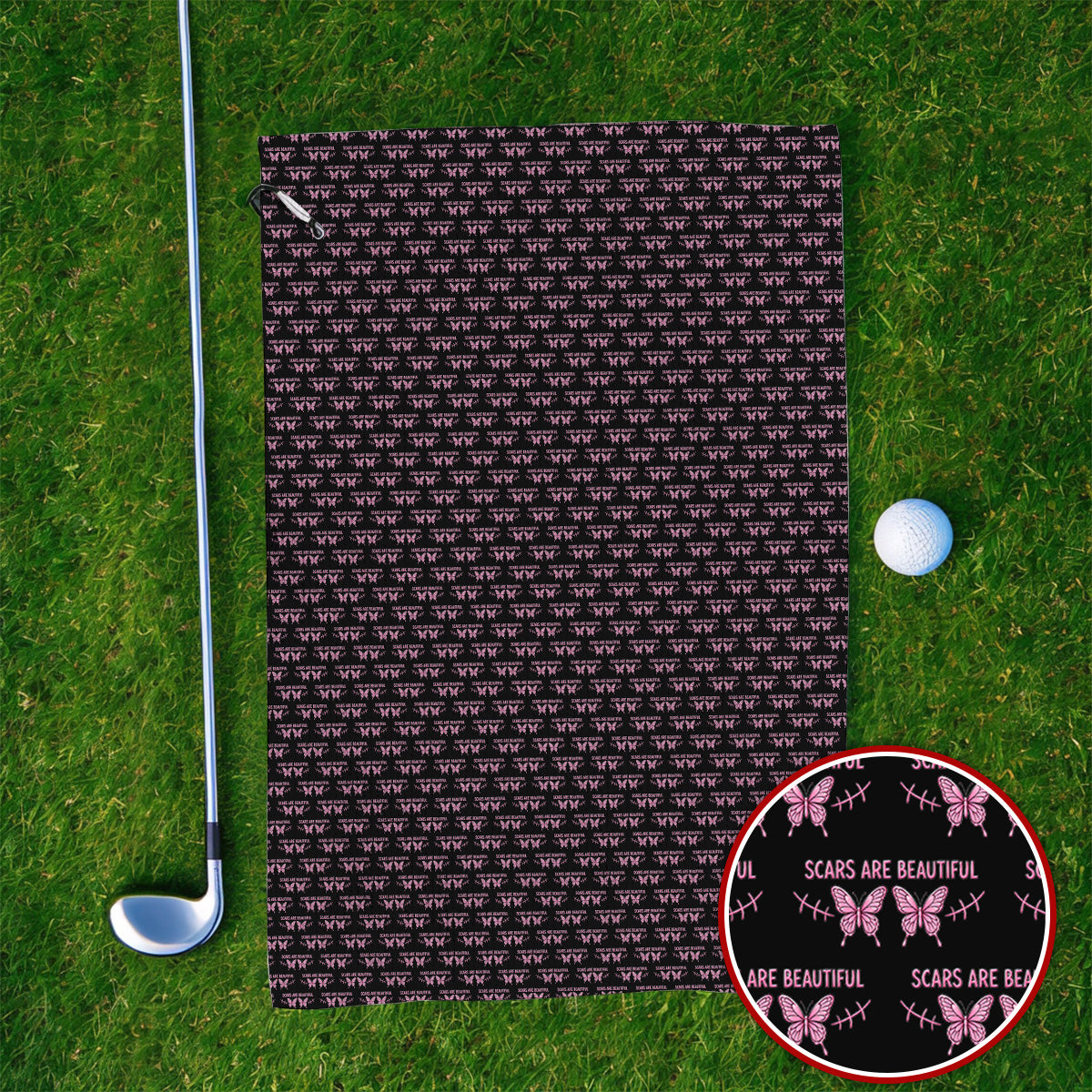 Scars Are Beautiful Breast Cancer Awareness Golf Towel, Pink Butterfly Survivor Pattern Towels, Inspirational Golf Gift for Golfer