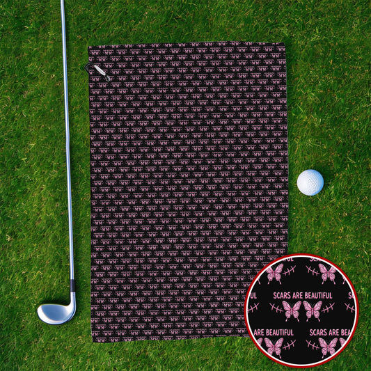 Scars Are Beautiful Breast Cancer Awareness Golf Towel, Pink Butterfly Survivor Pattern Towels, Inspirational Golf Gift for Golfer