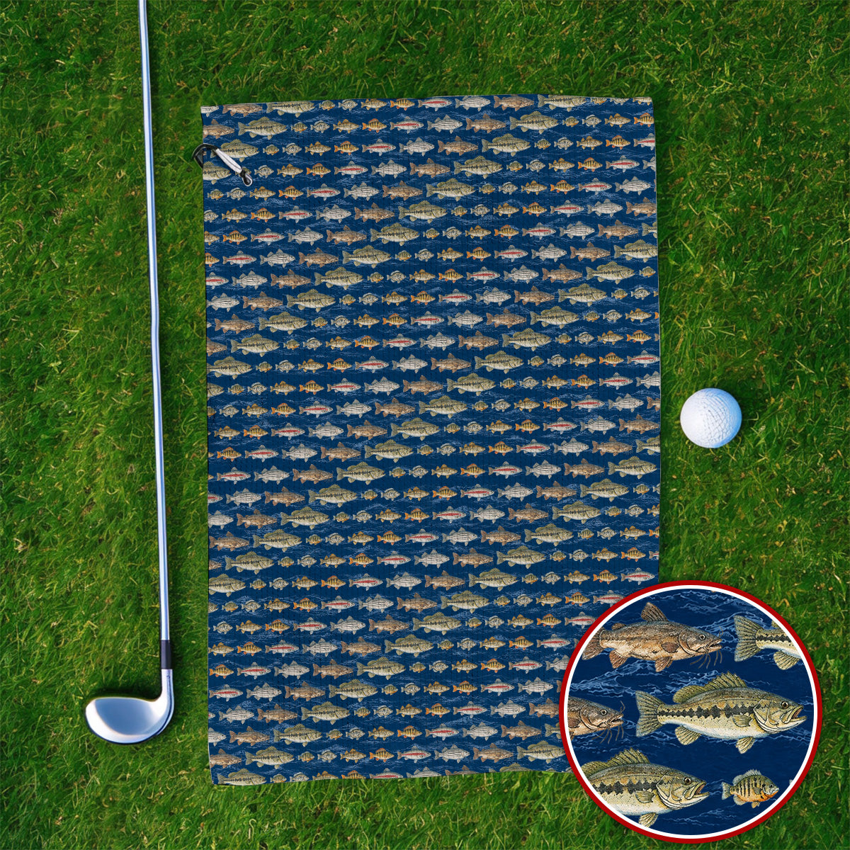 Freshwater Fishing Pattern Golf Towels, Bass Trout Catfish & Perch Golf Towel, Fishing Gift For Golfer