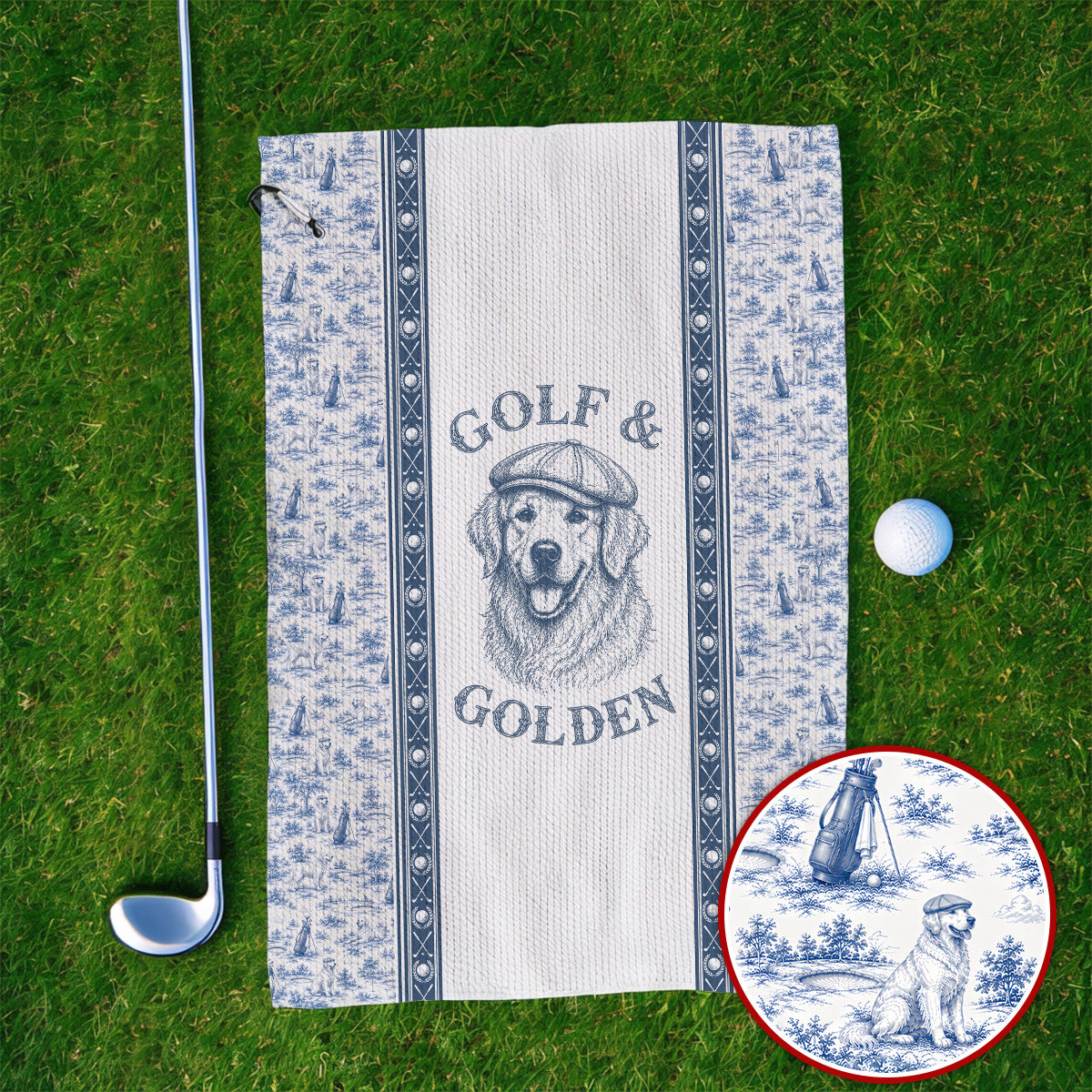 Golden Retriever Golf Towel, Toile De Jouy Golden Pattern Golf Towels, Crazy Golf Gift For Golfer