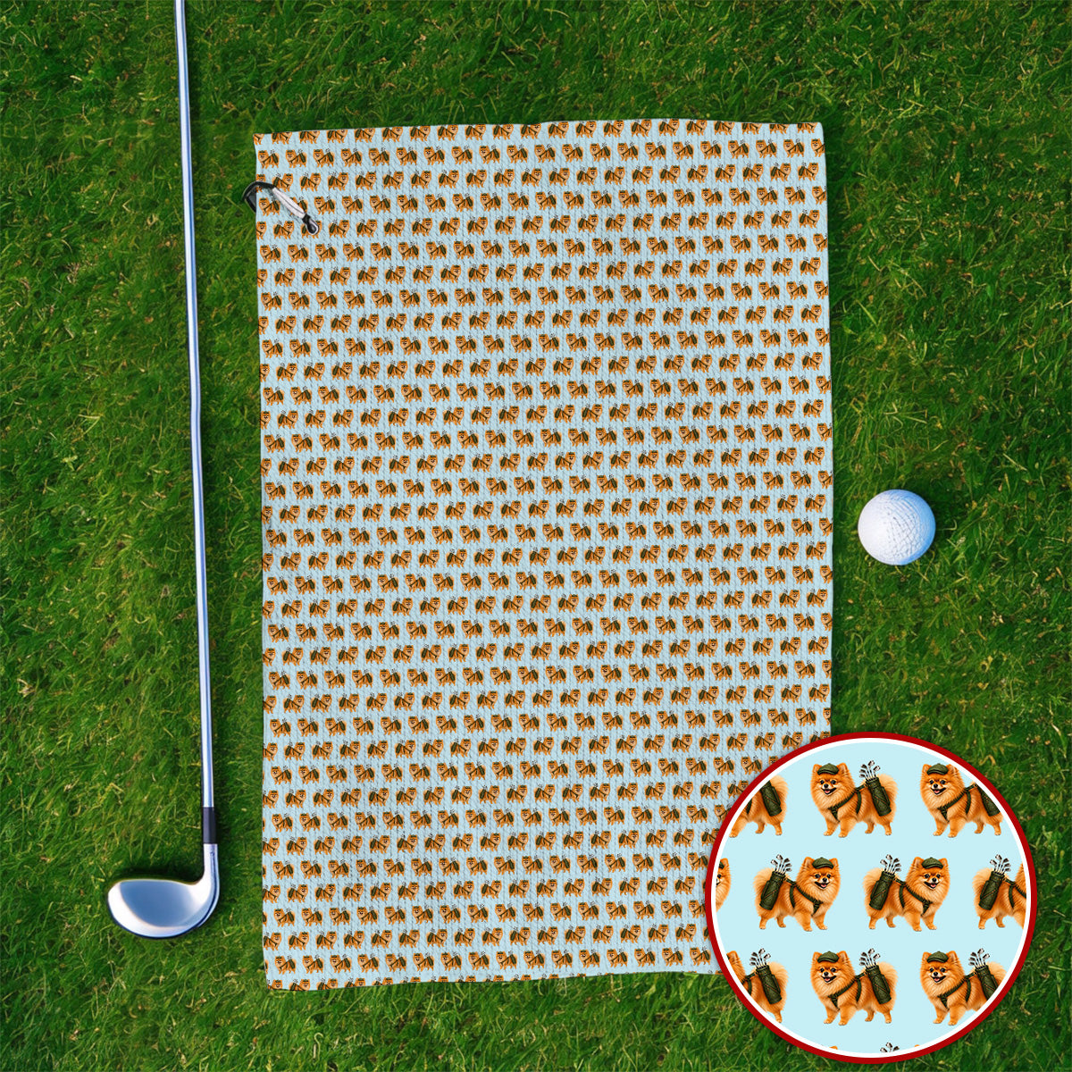 Golden Pomeranian Pattern Golf Towel, Cute Pomeranian Dog Golf Towels, Funny Golf Gift For Golfer