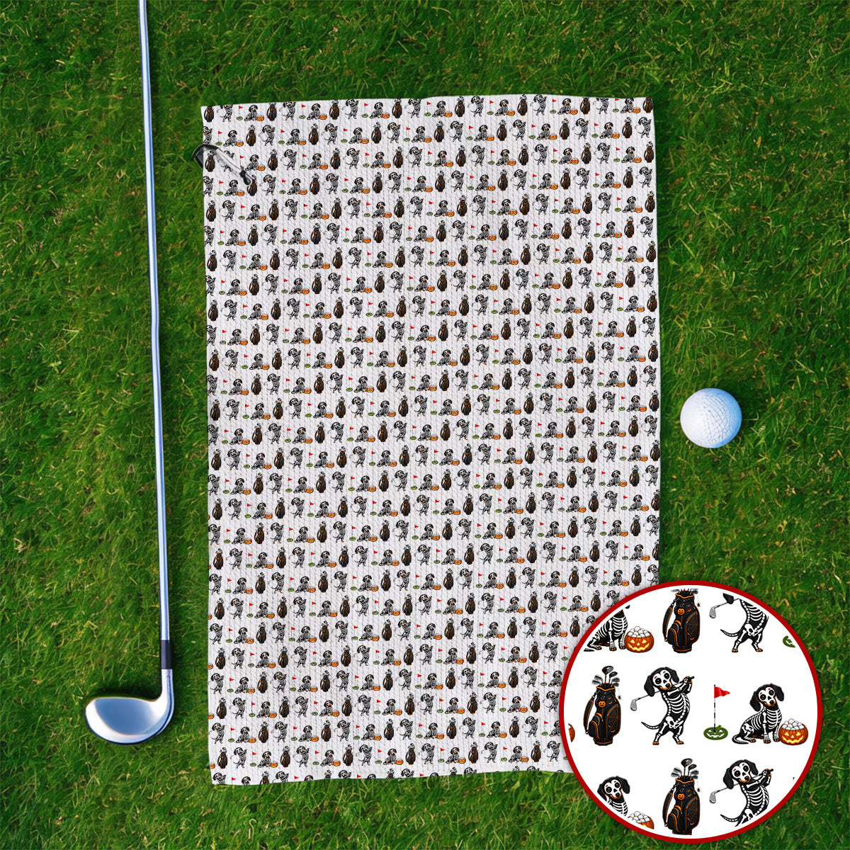 Halloween Dachshund Golf Towel, Skeleton Wiener Dog Pattern Golf Towels, Funny Golf Gift for Golfer