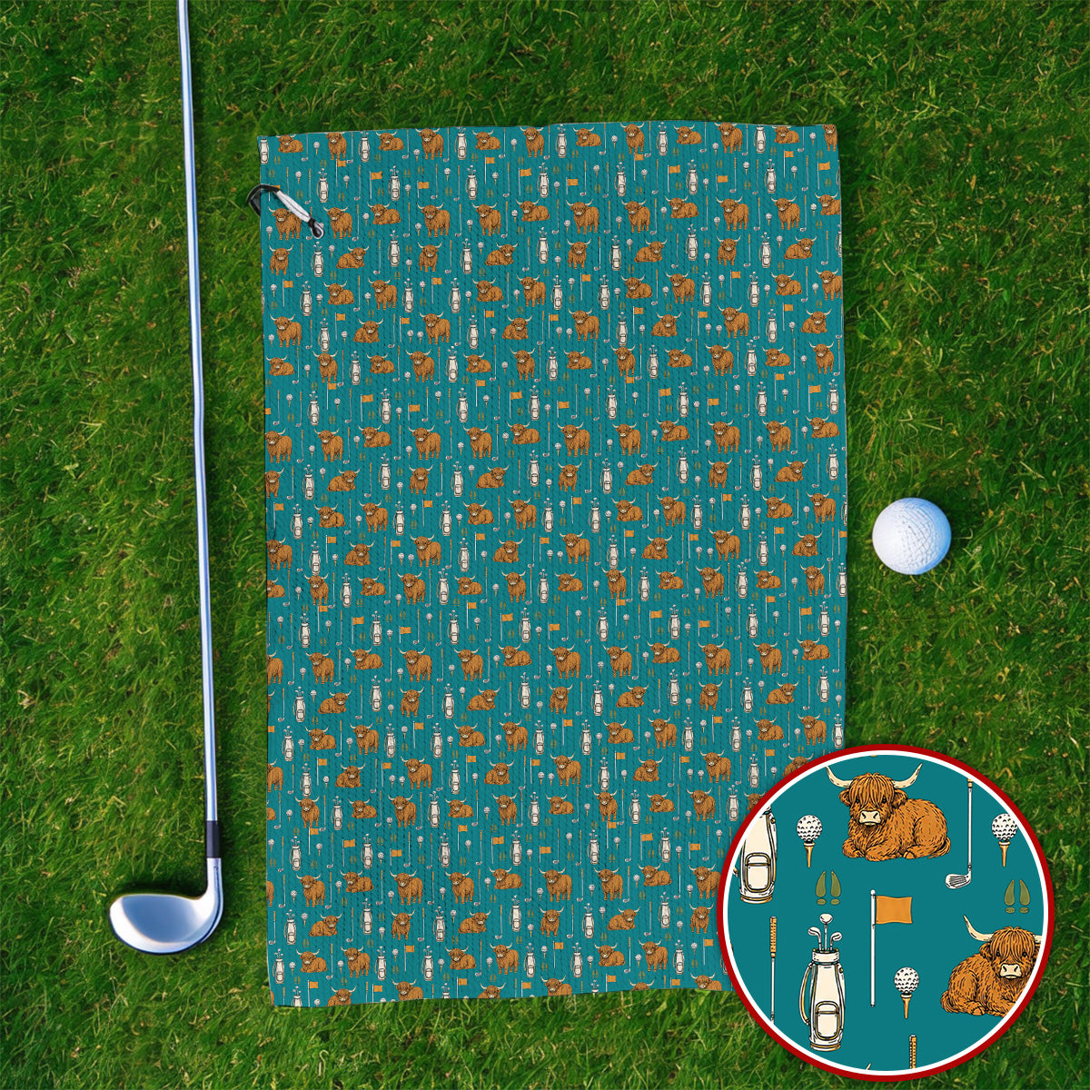 Highland Cow Fairway Towels, Highland Cow Golf Pattern Towel, Golf Gift For Golfer