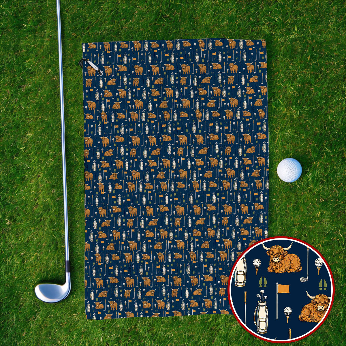 Highland Cow Fairway Towels, Highland Cow Golf Pattern Towel, Golf Gift For Golfer