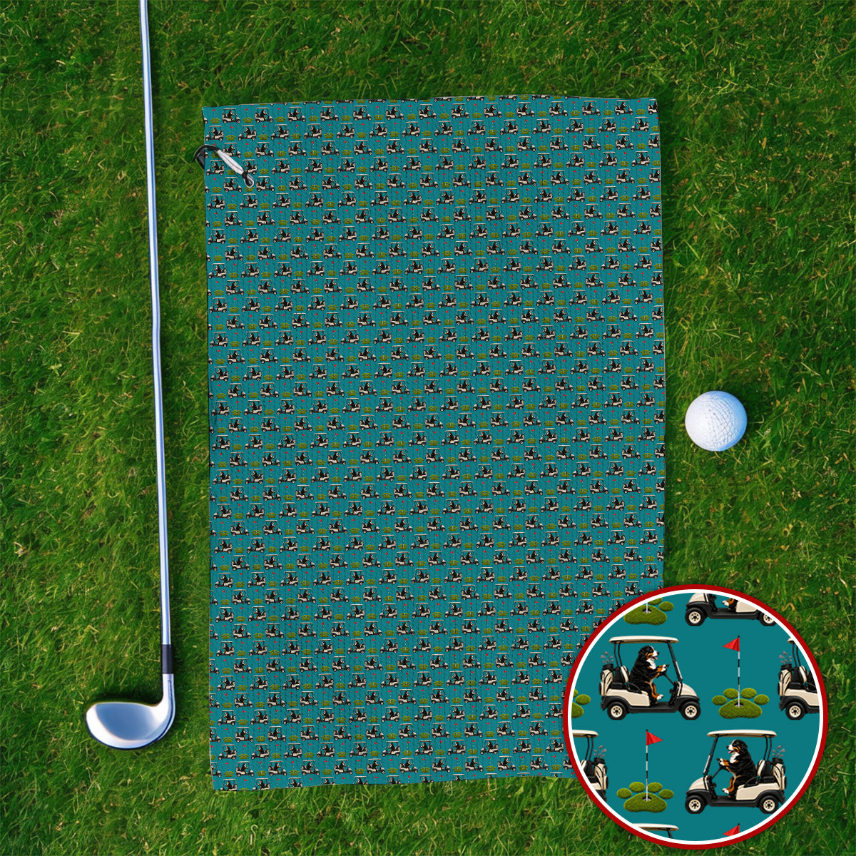 Bernese Mountain Golf Cart Pattern Towels, Funny Bernese Golf Towel, Golf Gift For Golfer