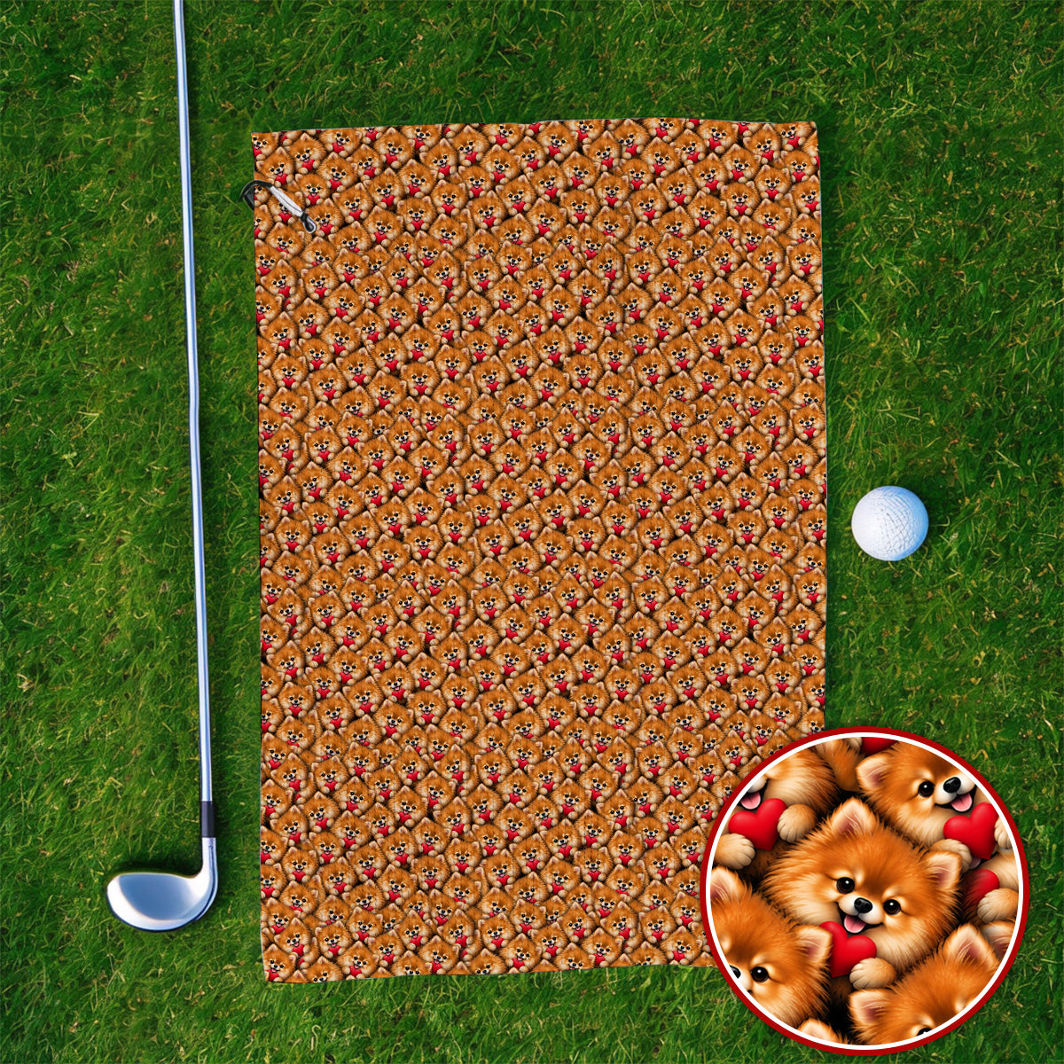Cute Pomeranian Hearts Pattern Golf Towels, Funny Golf Towel For Dog Lovers, Golf Gift For Golfers