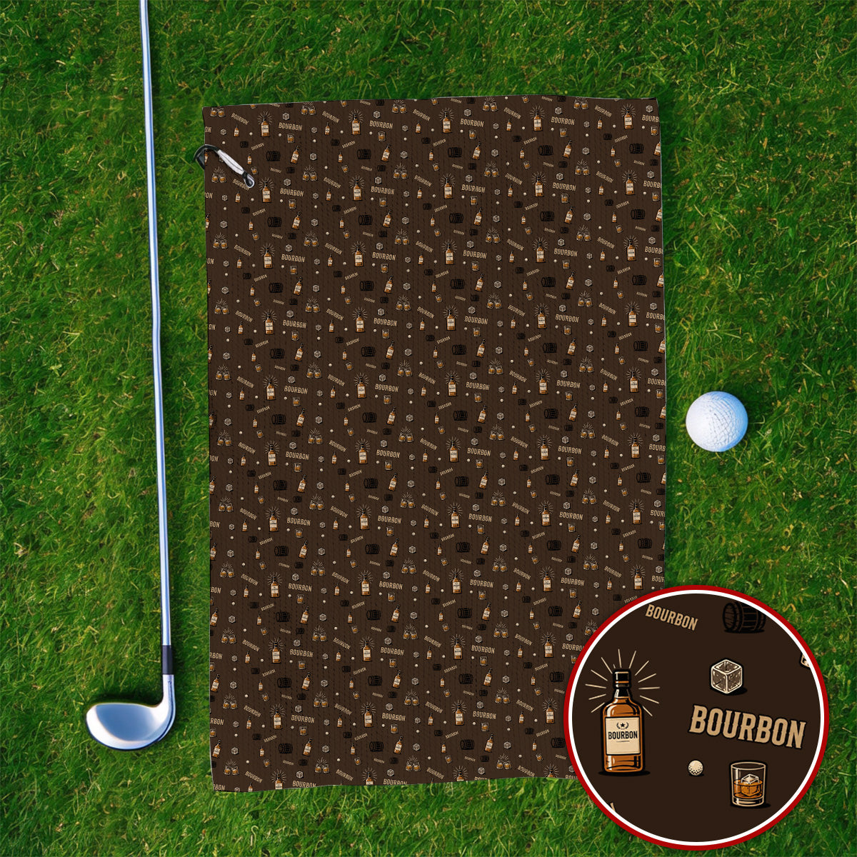 Bourbon Barrel Golf Towels, Whiskey Bottle & Rocks Pattern Towel, Vintage Drinking Golf Shirt for Golfer