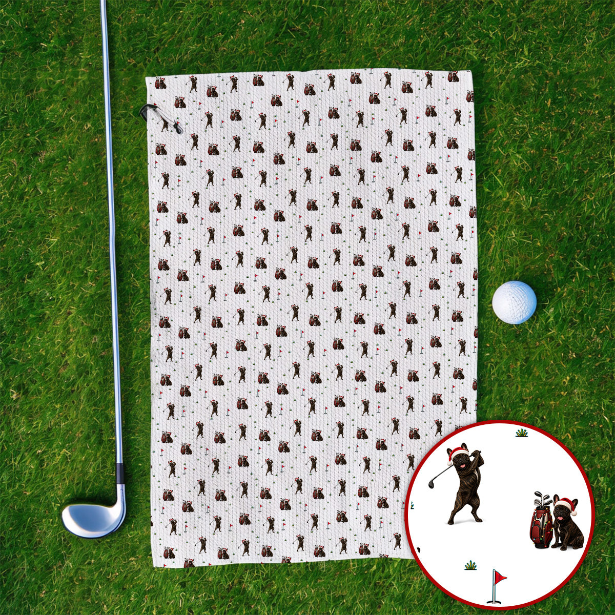 Christmas French BullDog Golfer Towel, Xmas French BullDog Golf Pattern Towels, Holiday Golf Gift for Golfers