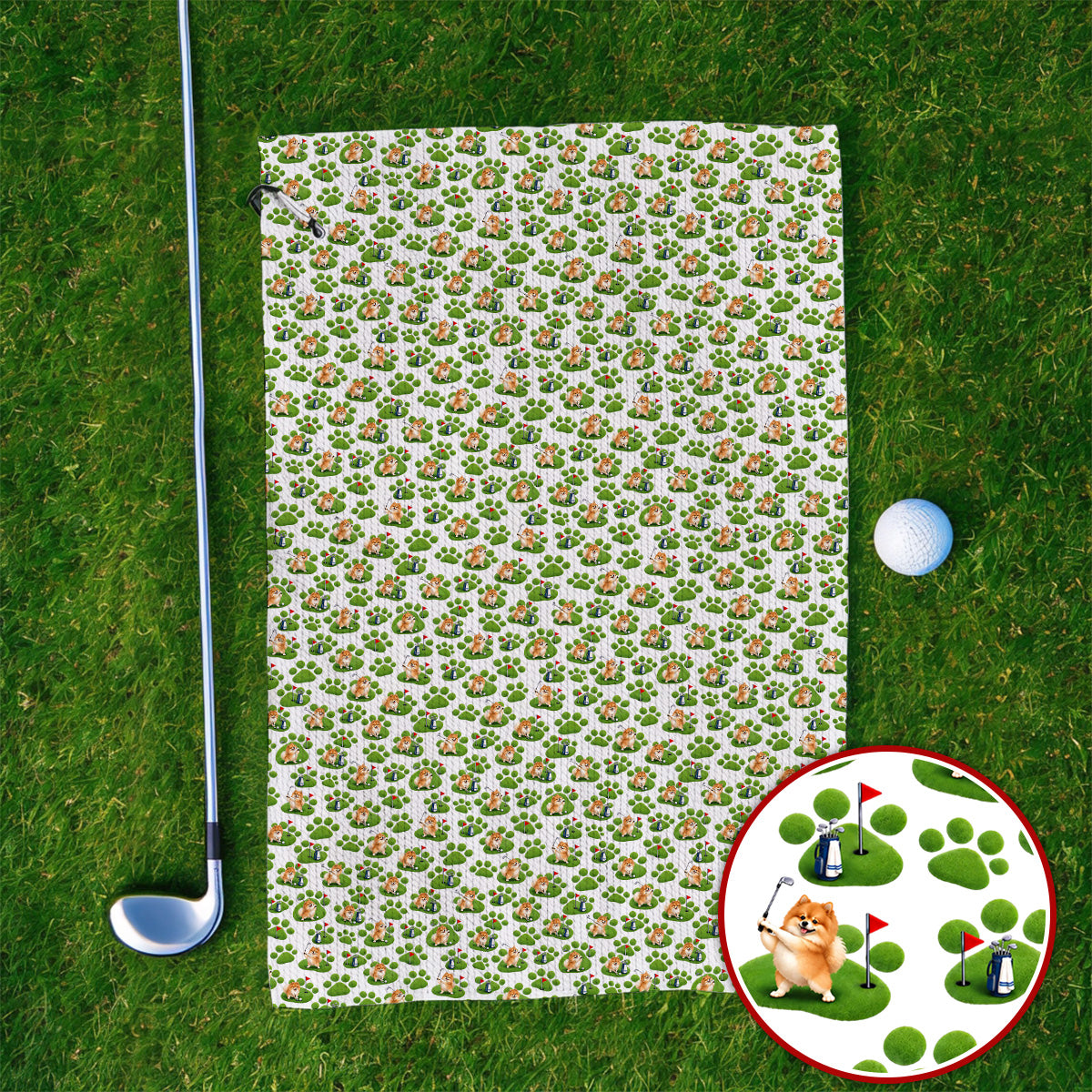 Pomeranian Paw Pattern Golf Towels, Cute Fluffy Pom Dog Pattern Golf Towel, Crazy Golf Gift For Golfers