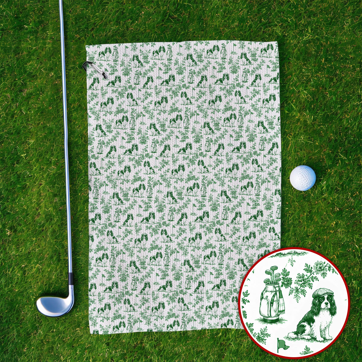 Funny Cavalier King Charles Spaniel Golf Towel, Toile de Jouy Cavalier Pattern Golf Towels, Golf Gift For Golfer