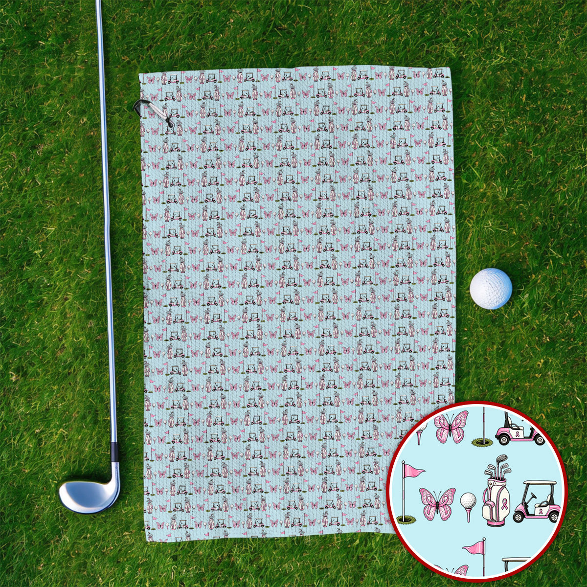 Pink Ribbon Fairway Golf Towels, Breast Cancer Support Golf Cart & Butterfly Pattern Towel, Awareness Gift for Golfers