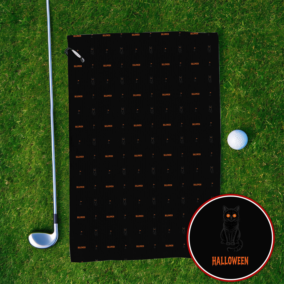 Black Cat Halloween Golf Towels, Spooky Cat Pattern Golf Towel for Halloween Lovers, Funny Golf Gift for Golfers