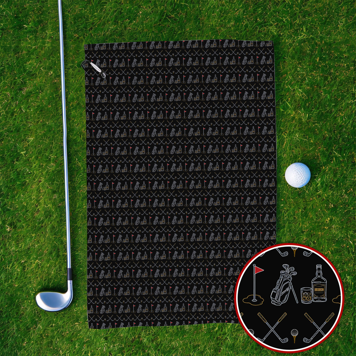 Bourbon Golf Towel, Whiskey & Golf Club Pattern Towels, Classic Gift For Bourbon Loving Golfers