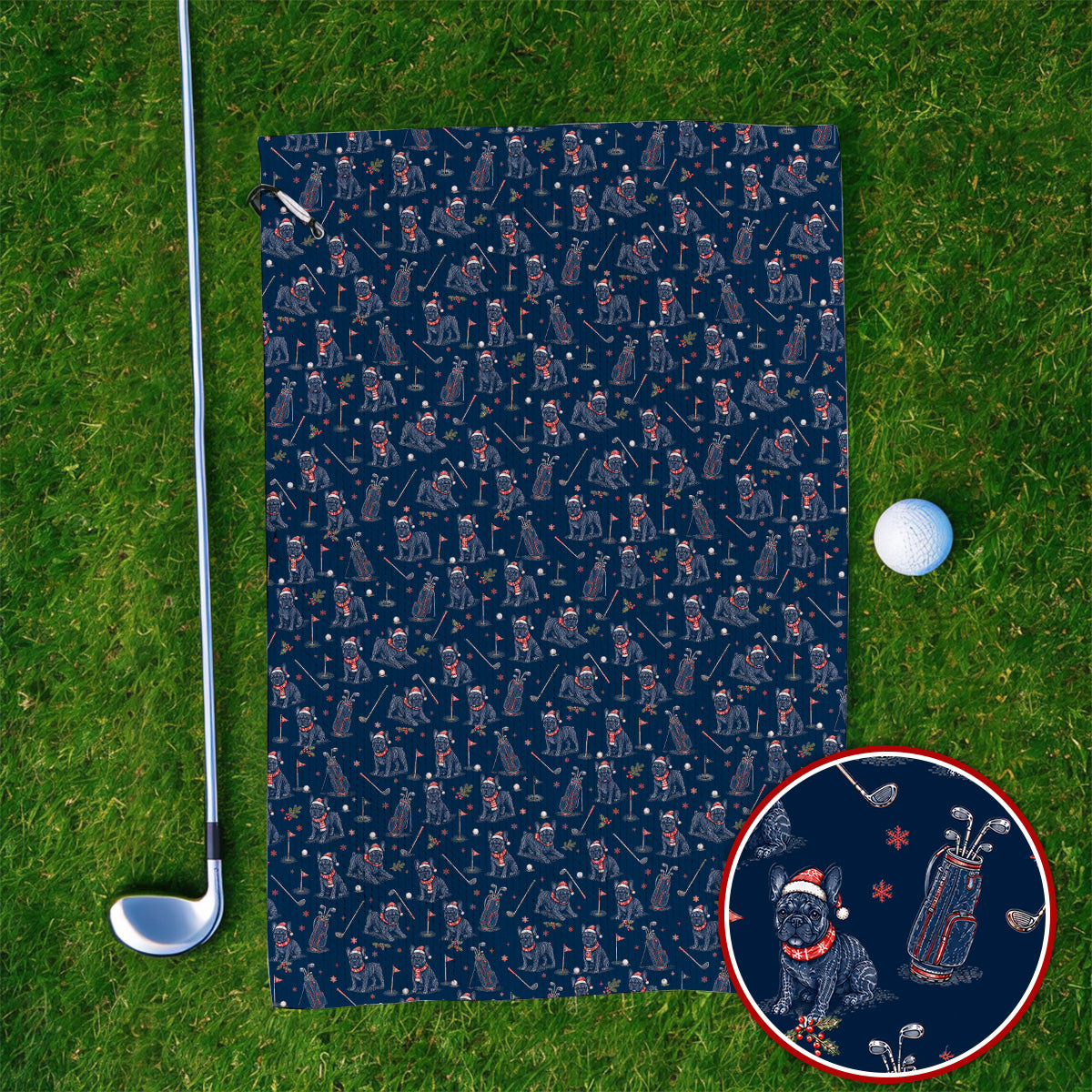 French Bulldog Christmas Golf Towels, Vintage Holiday Dog Pattern Golf Towel, Xmas Golf Gift for Golfers