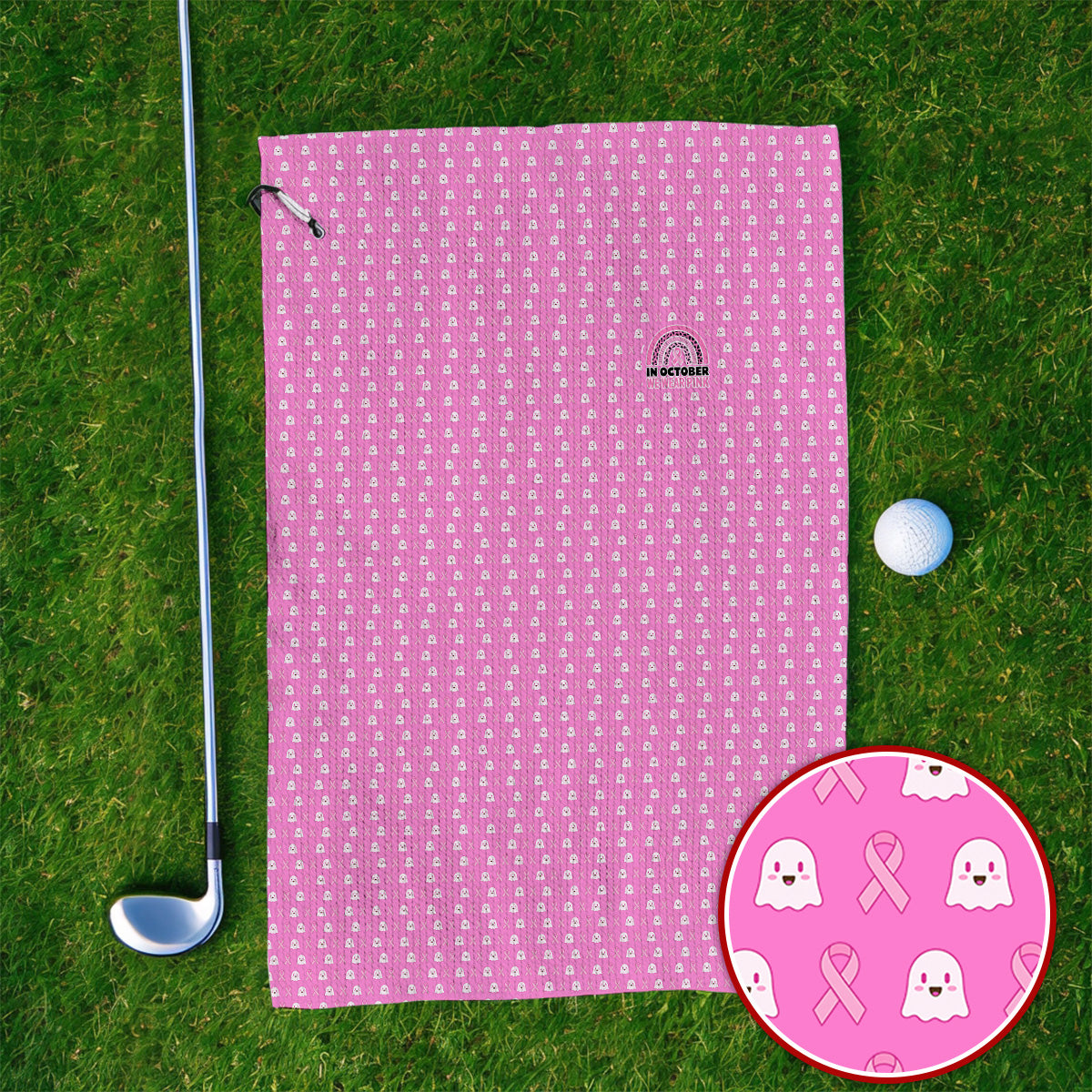 Breast Cancer Awareness Golf Towel, In October We Wear Pink Pattern Golf Towels, Pink Ribbon Golf Gift for Breast Cancer Support