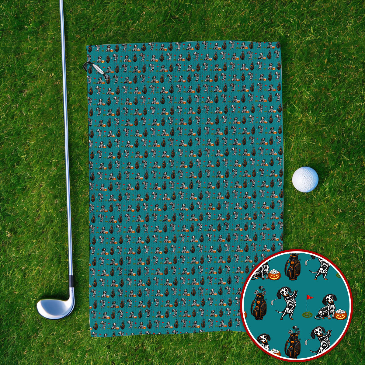 Halloween Dachshund Golf Towel, Skeleton Wiener Dog Pattern Golf Towels, Funny Golf Gift for Golfer