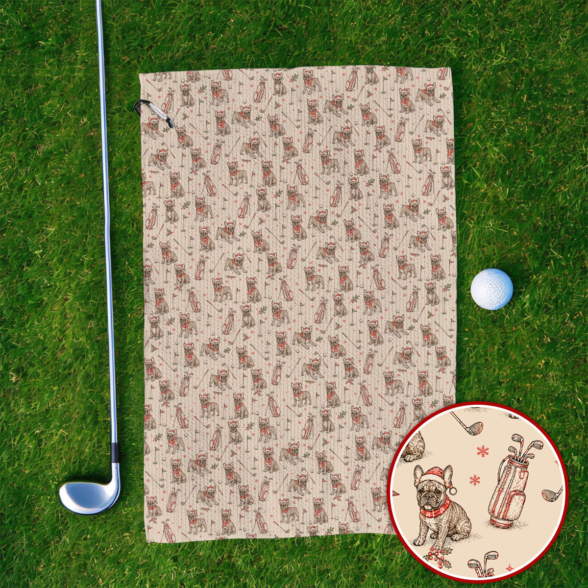 French Bulldog Christmas Golf Towels, Vintage Holiday Dog Pattern Golf Towel, Xmas Golf Gift for Golfers