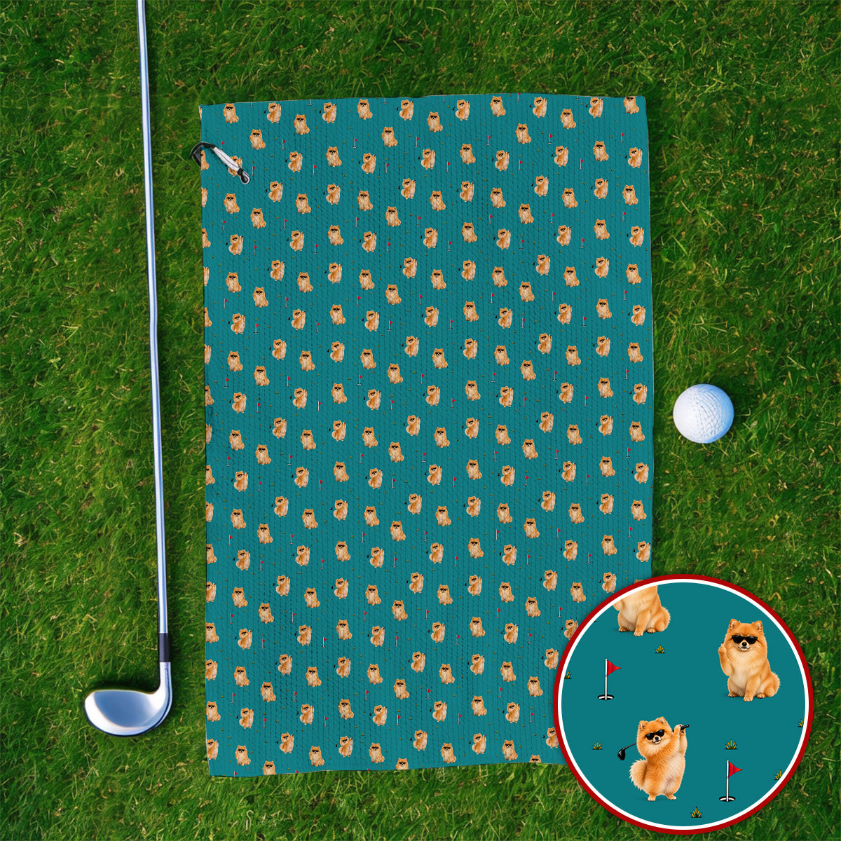 Golden Pomeranian Pattern Golf Towel, Cute Pomeranian Dog Golf Towels, Golf Gift For Golfer