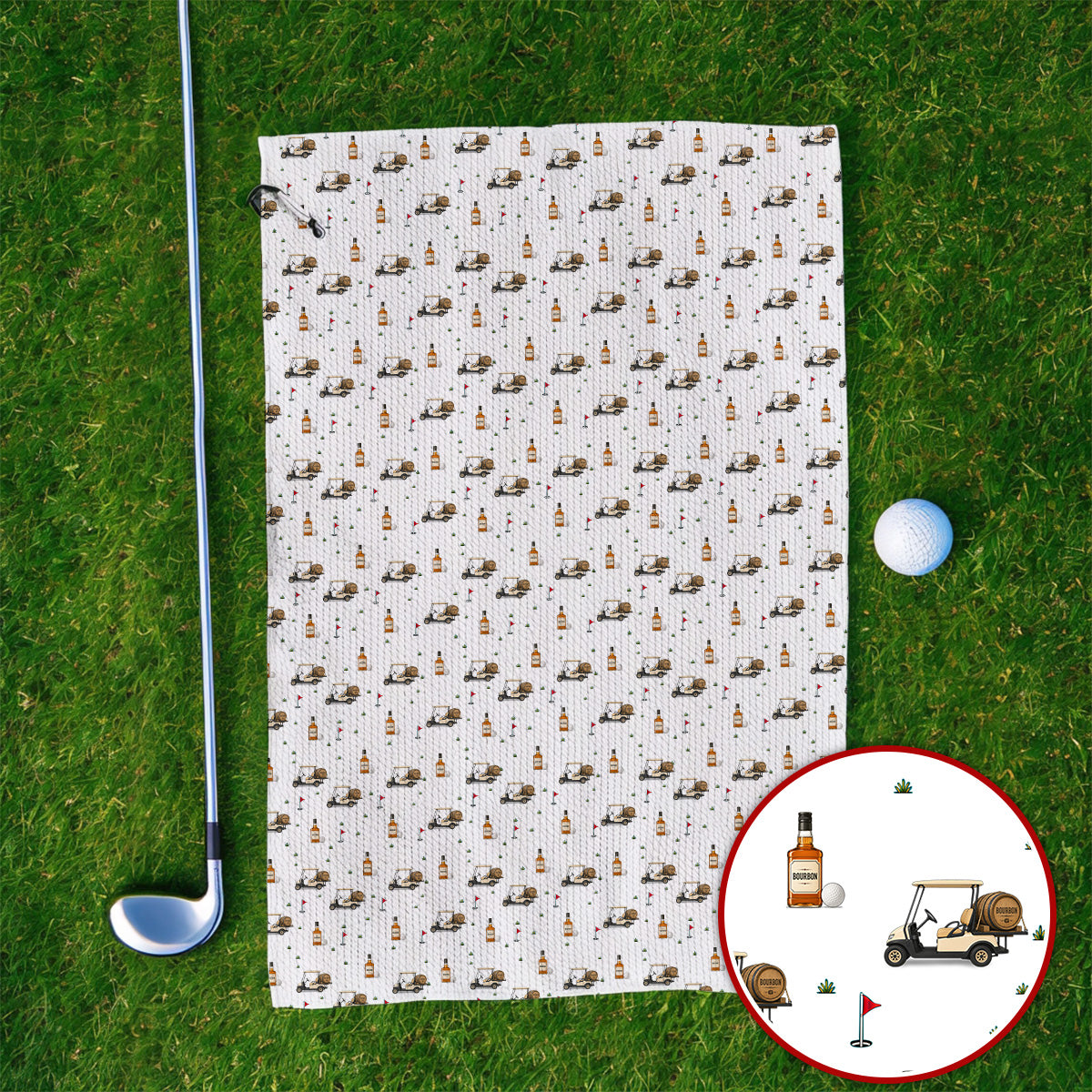 Bourbon Cart Golf Towels, Whiskey Barrel & Golf Course Pattern Towel, Funny Golf Gift For Golfer