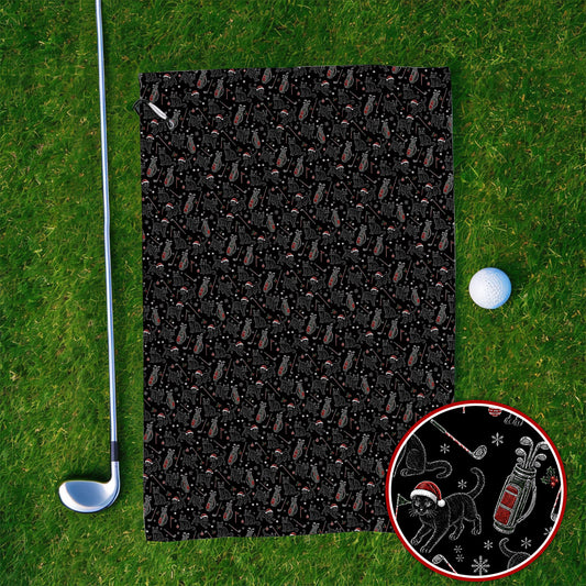 Funny Black Cat Christmas Golf Towels, Holiday Pattern Golf Towel, Xmas Golf Gift For Golfers