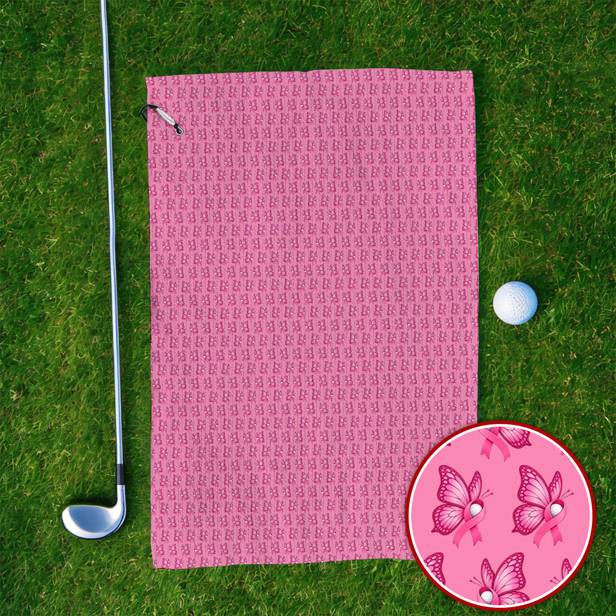 Breast Cancer Awareness Golf Towel, Pink Ribbon Butterfly Golf Towels for Golf Lovers, Support Cancer Awareness Golf Gift