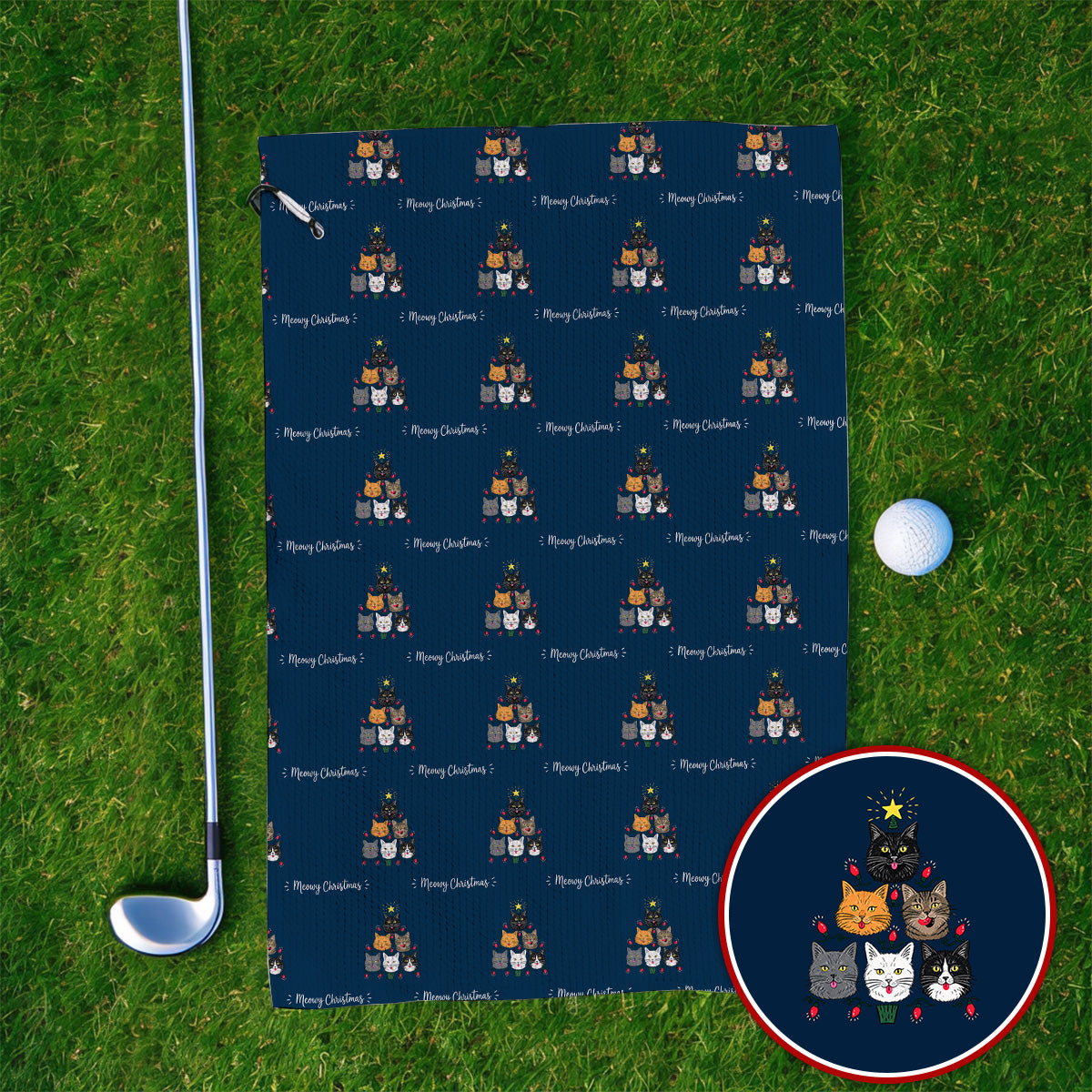 Meowy Christmas Cat Golf Towels, Festive Cat Christmas Pattern Golf Towel, Xmas Golf Gift For Cat Lovers