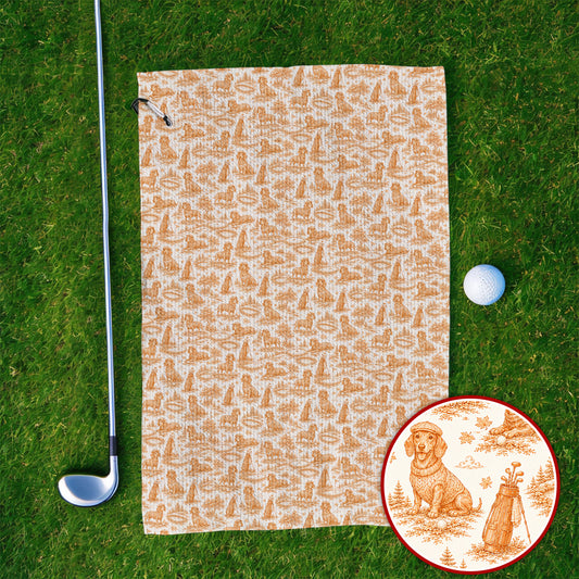 Dachshund Toile de Jouy Golf Towel, Autumn Wiener Dog Pattern Golf Towels, Crazy Golf Gift For Golfer