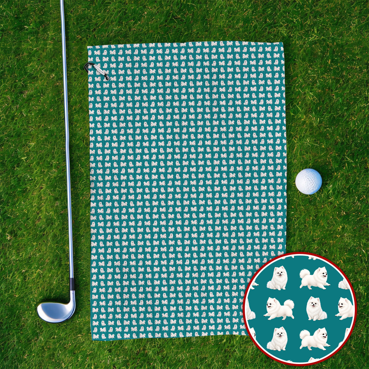 White Pomeranian Pattern Golf Towel, Cute Pomeranian Dog Golf Towels, Crazy Golf Gift For Golfer