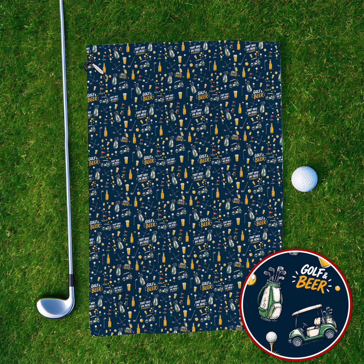Funny Golf & Beer Towels, Golf Cart And Beer Pattern Golf Towel, That’s Why I’m Here Golf Gift For Golfer