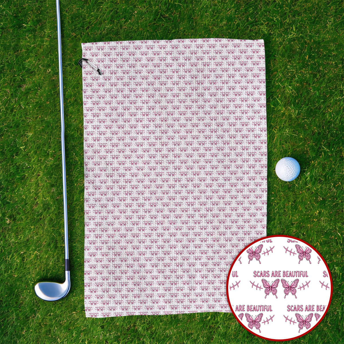 Scars Are Beautiful Breast Cancer Awareness Golf Towel, Pink Butterfly Survivor Pattern Towels, Inspirational Golf Gift for Golfer