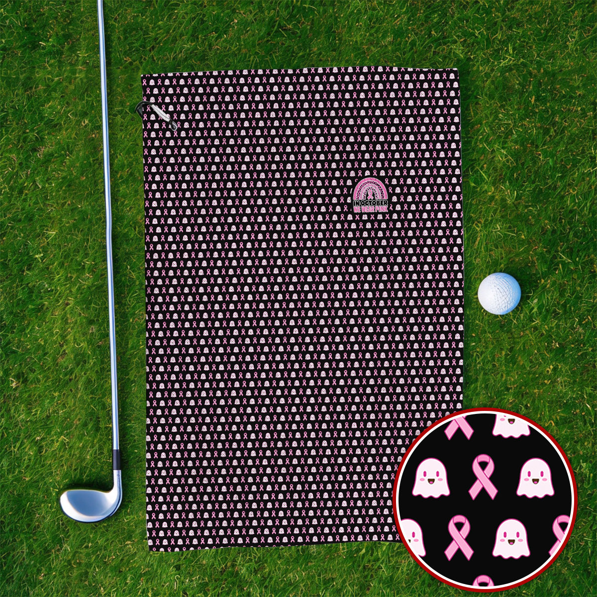 Breast Cancer Awareness Golf Towel, In October We Wear Pink Pattern Golf Towels, Pink Ribbon Golf Gift for Breast Cancer Support