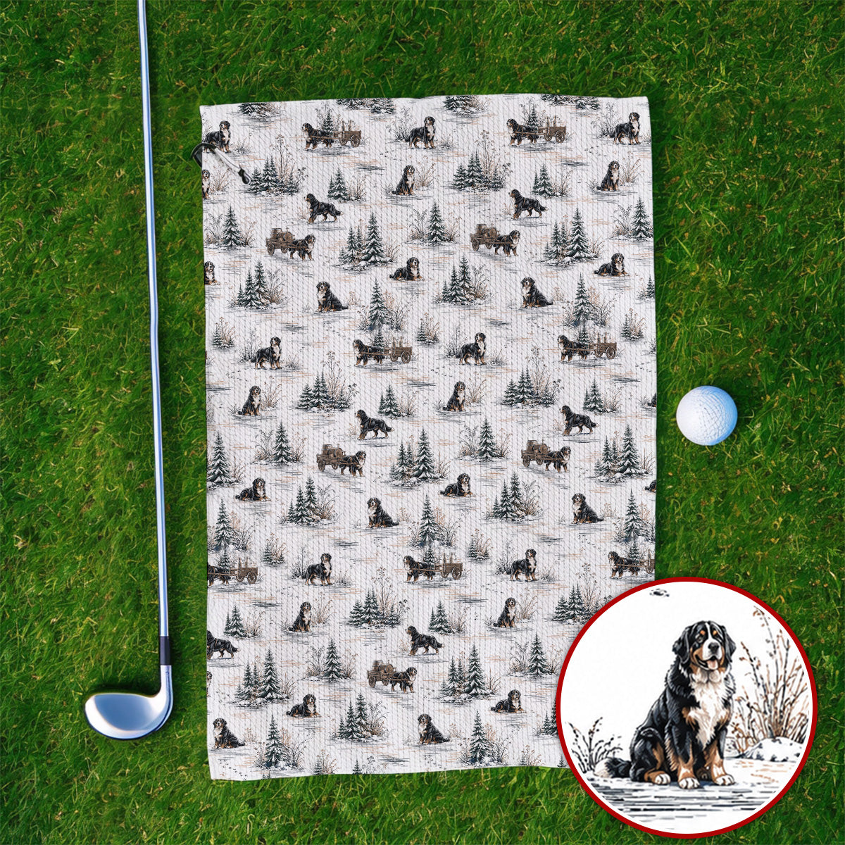 Bernese Mountain Pattern Golf Towels, Snowy Bernese Dog Golf Towel, Dog Lover Golf Gift