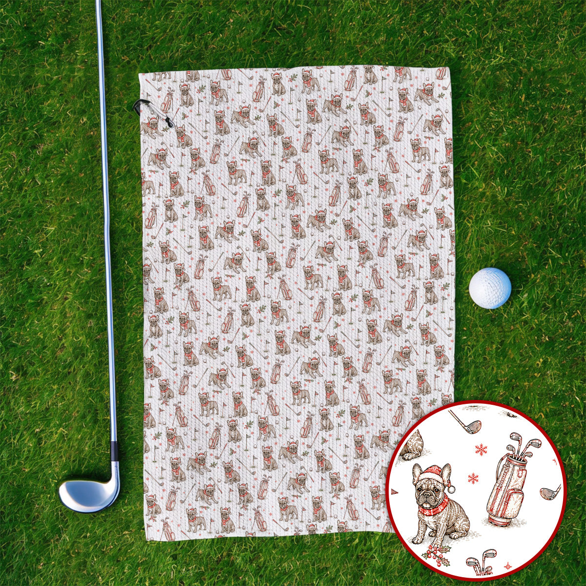 French Bulldog Christmas Golf Towels, Vintage Holiday Dog Pattern Golf Towel, Xmas Golf Gift for Golfers